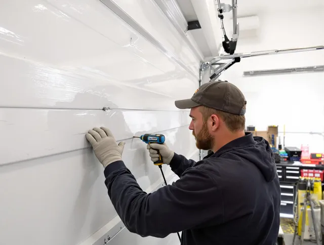 French Valley Garage Door Repair technician demonstrating precision dent removal techniques on a French Valley garage door